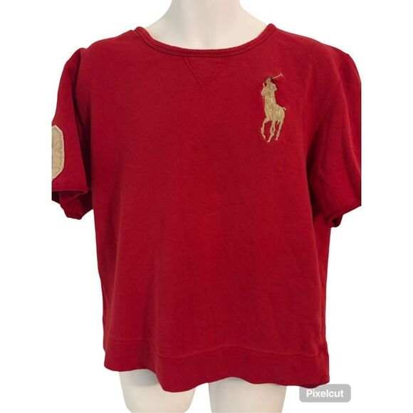 Large Vintage 90’s Polo Ralph Lauren Short Sleeve Sweatshirt Red Gold Logo Thick - Picture 1 of 7